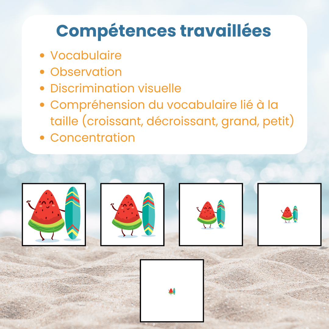 Compétences travaillées : discrimination visuelle, classement par grandeur et logique – Tri par taille été