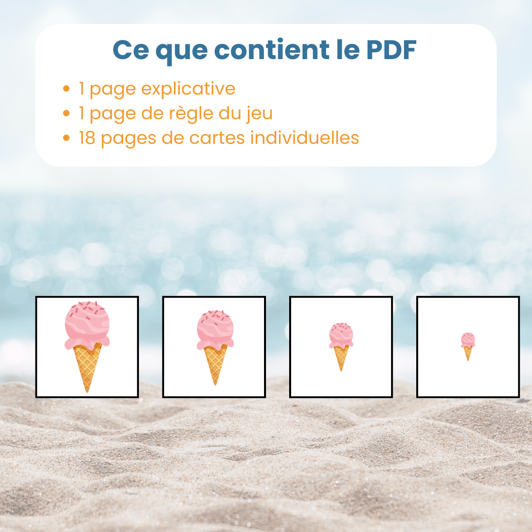 Contenu du PDF tri par taille été : fiches explicatives et 108 vignettes à manipuler