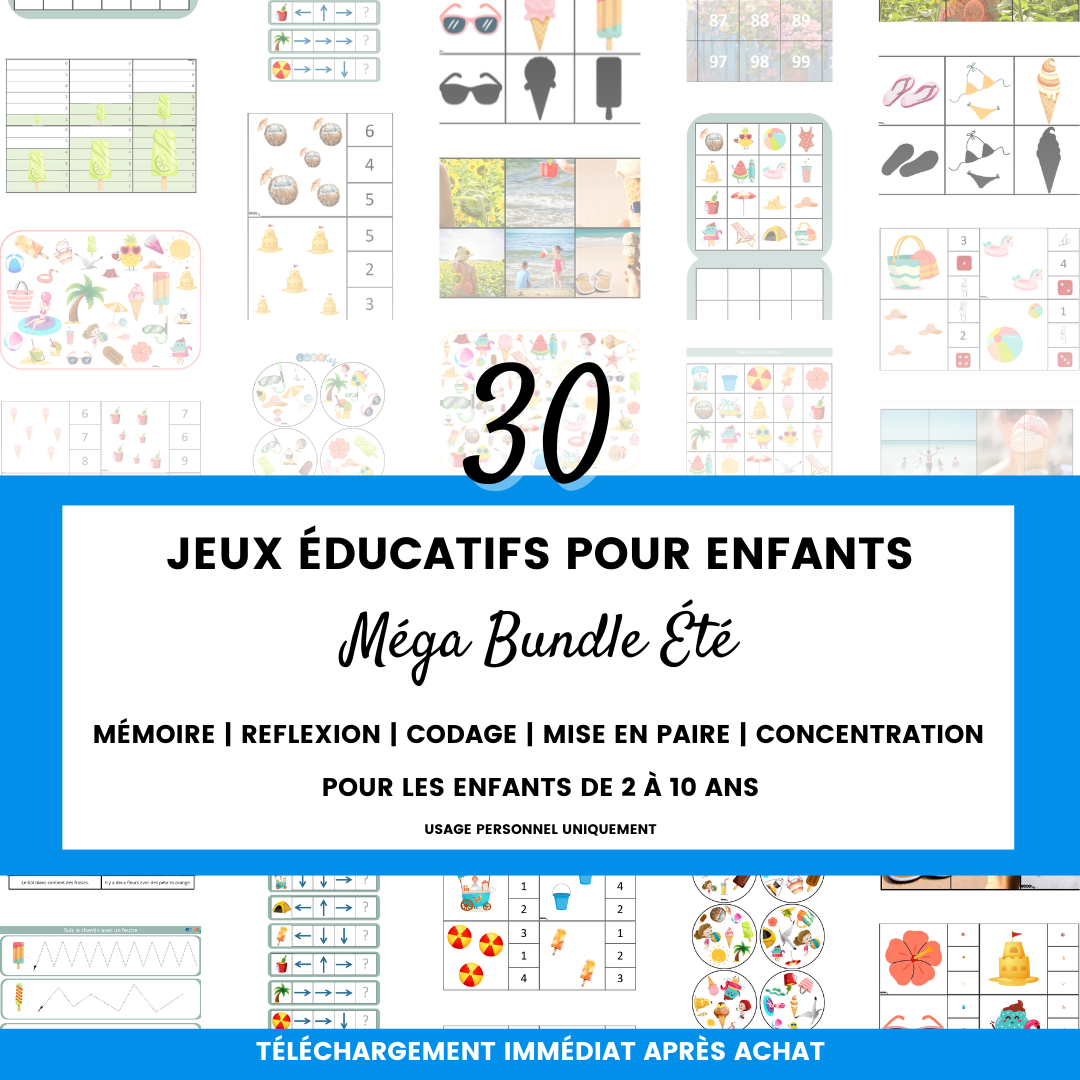 Méga bundle été de 30 jeux éducatifs en PDF pour enfants de 2 à 10 ans