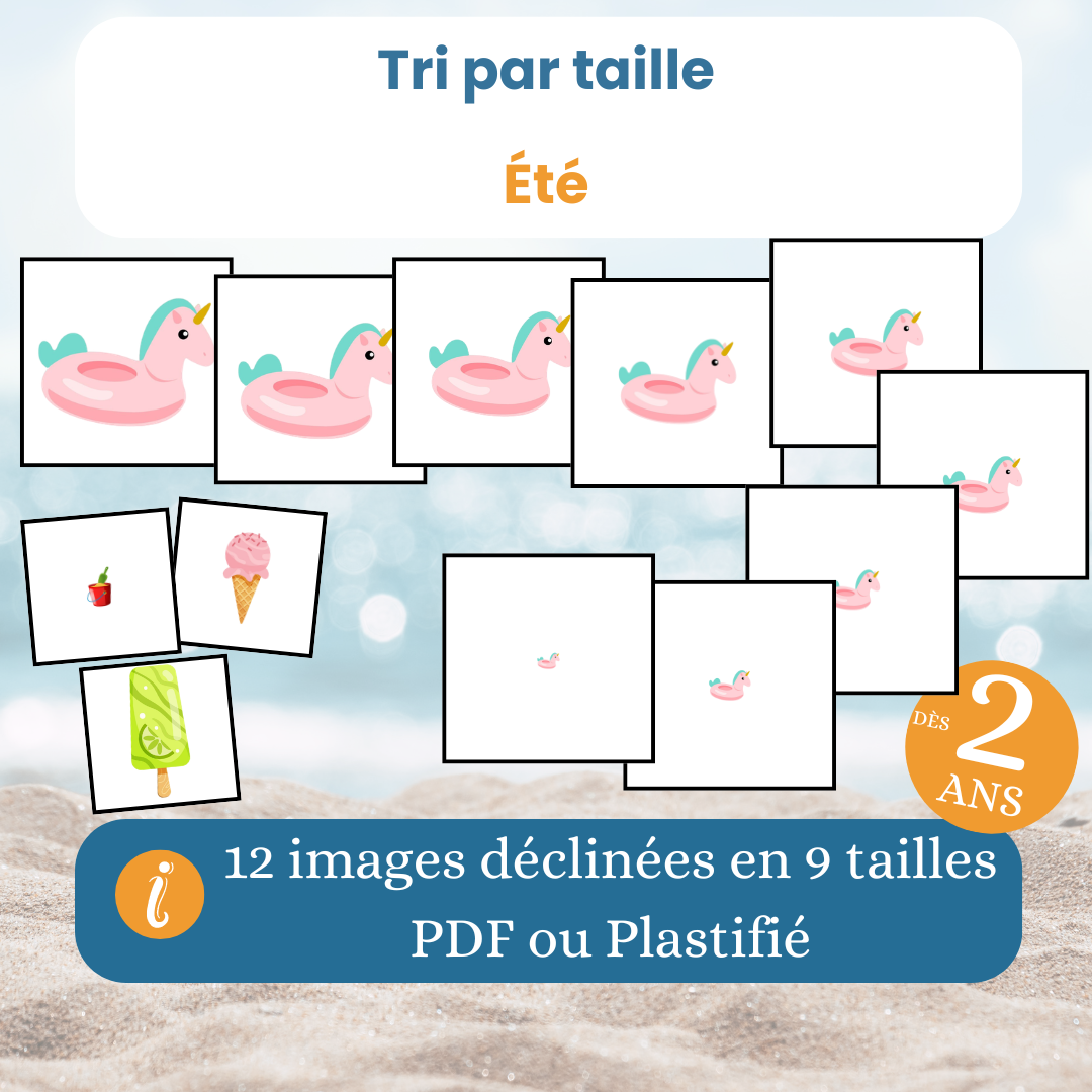 Jeu de tri par taille été dès 2 ans : activité de logique enfant en PDF à imprimer