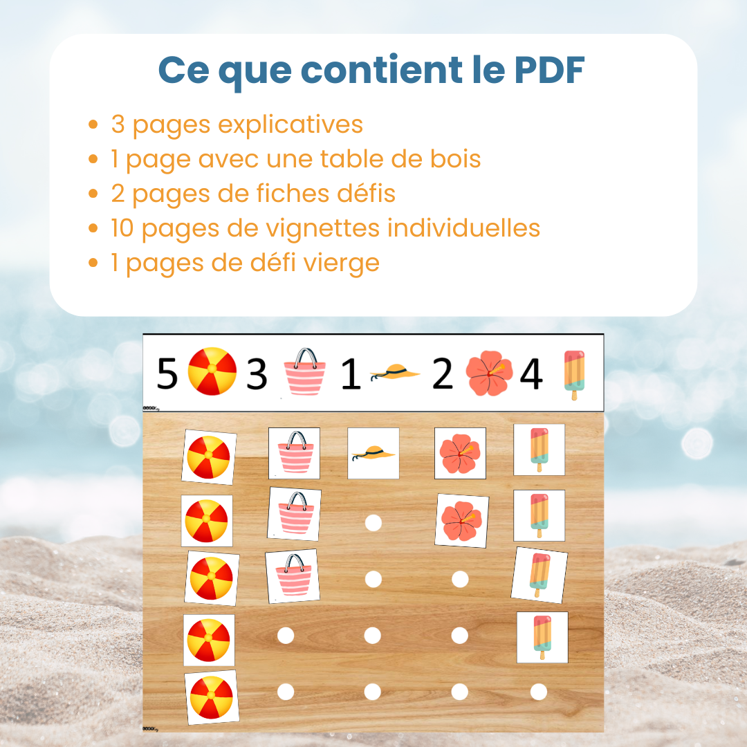 Contenu du PDF jeu de comptage été : fiches explicatives, vignettes à découper et planche de défi