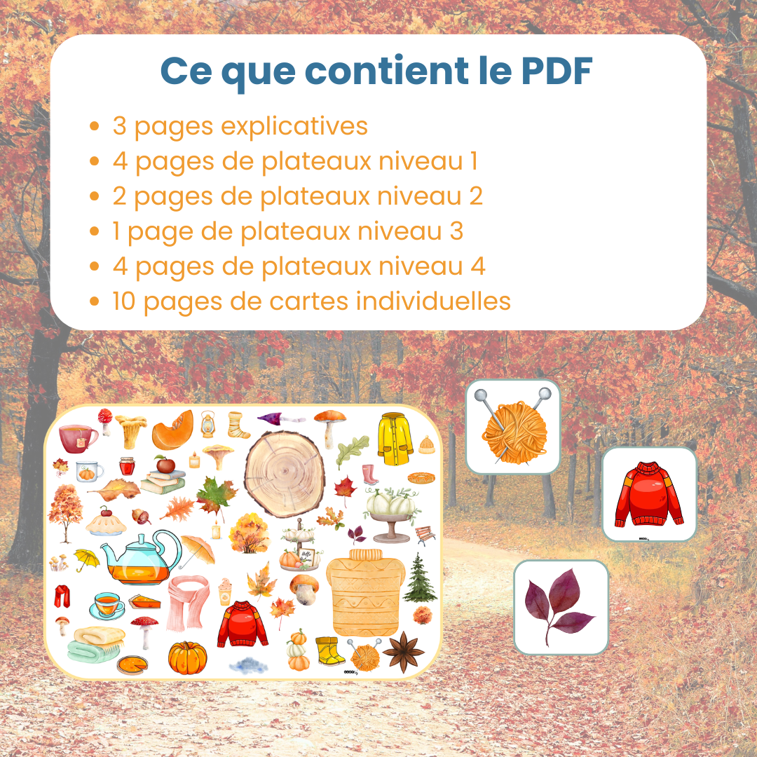 Contenu du PDF cherche et trouve sur l'automne : fiches explicatives, plateaux de jeu et cartes à découper