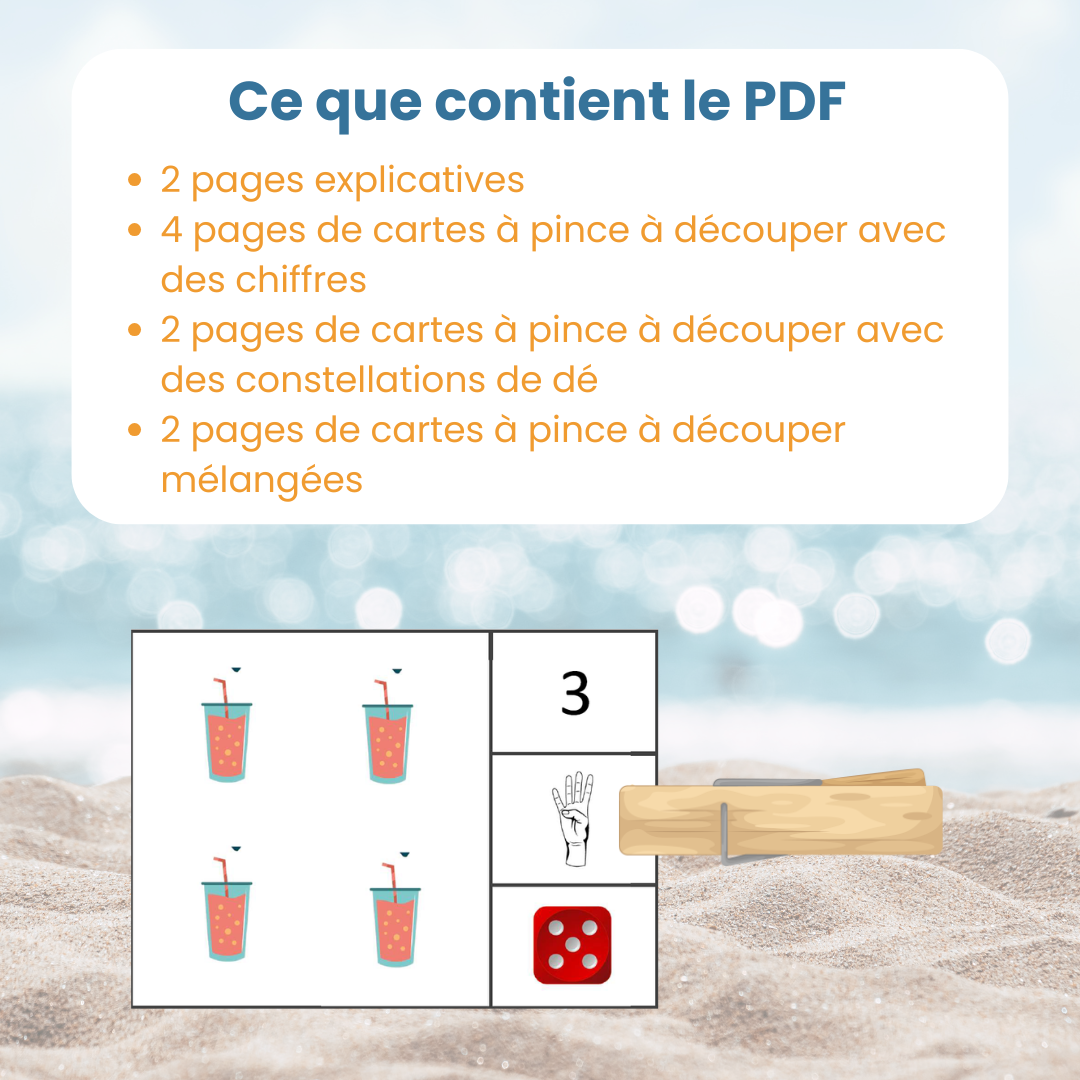 Contenu du PDF cartes à pince dénombrement été : fiches explicatives et 32 cartes à jouer