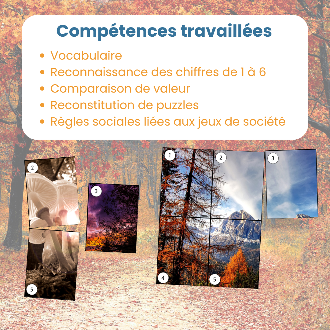 Compétences travaillées avec le jeu de bataille de puzzle sur l'automne : comparaison de valeur et chiffre de 1 à 6