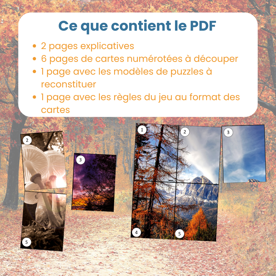 Contenu du PDF bataille de puzzles sur l'automne : fiches explicatives et cartes à découper