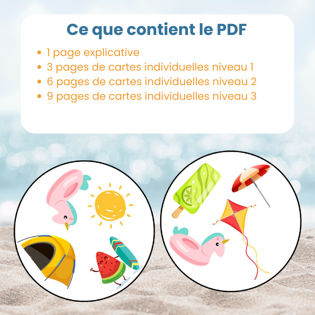 Contenu du PDF symbole rapide été : fiches explicatives, 3 niveaux de difficulté et 101 cartes