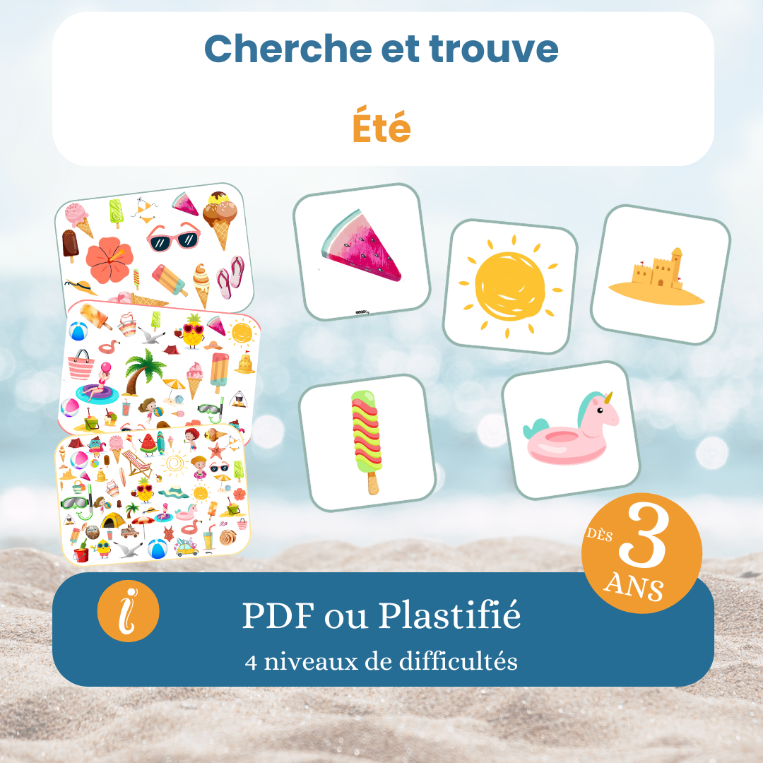 Le jeu cherche et trouve été, 4 niveaux de difficulté, dès 3 ans Pdf à imprimer