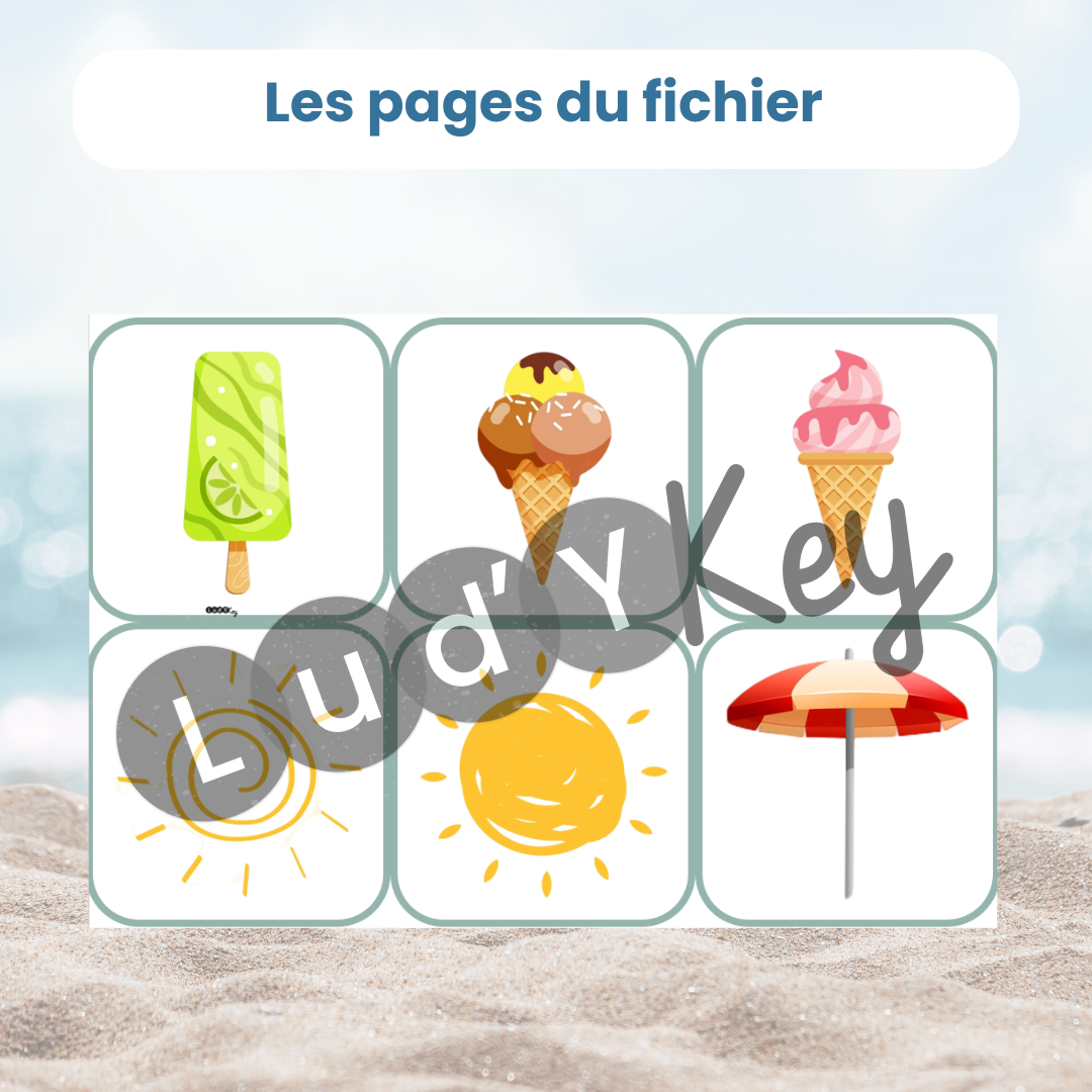 Exemple de page du fichier PDF cherche et trouve été : 6 cartes individuelles à découper