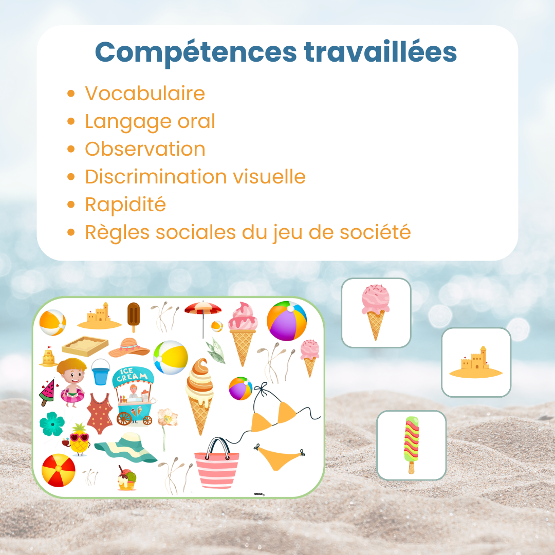 Compétences travaillées avec cherche et trouve été : langage oral, observation et rapidité