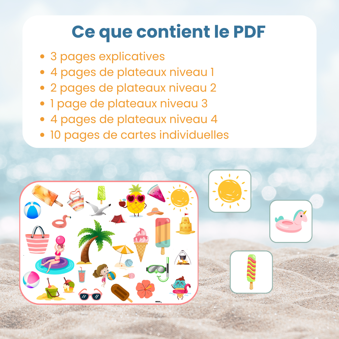 Contenu du fichier PDF cherche et trouve été : fiches explicatives, plateaux de jeux et cartes individuelles