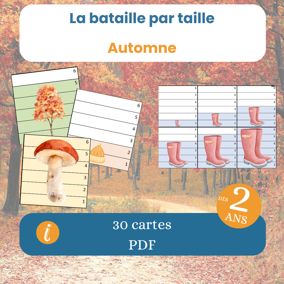 le jeu de bataille par taille sur le thème de l'automne, dès 2 ans, PDF à imprimer