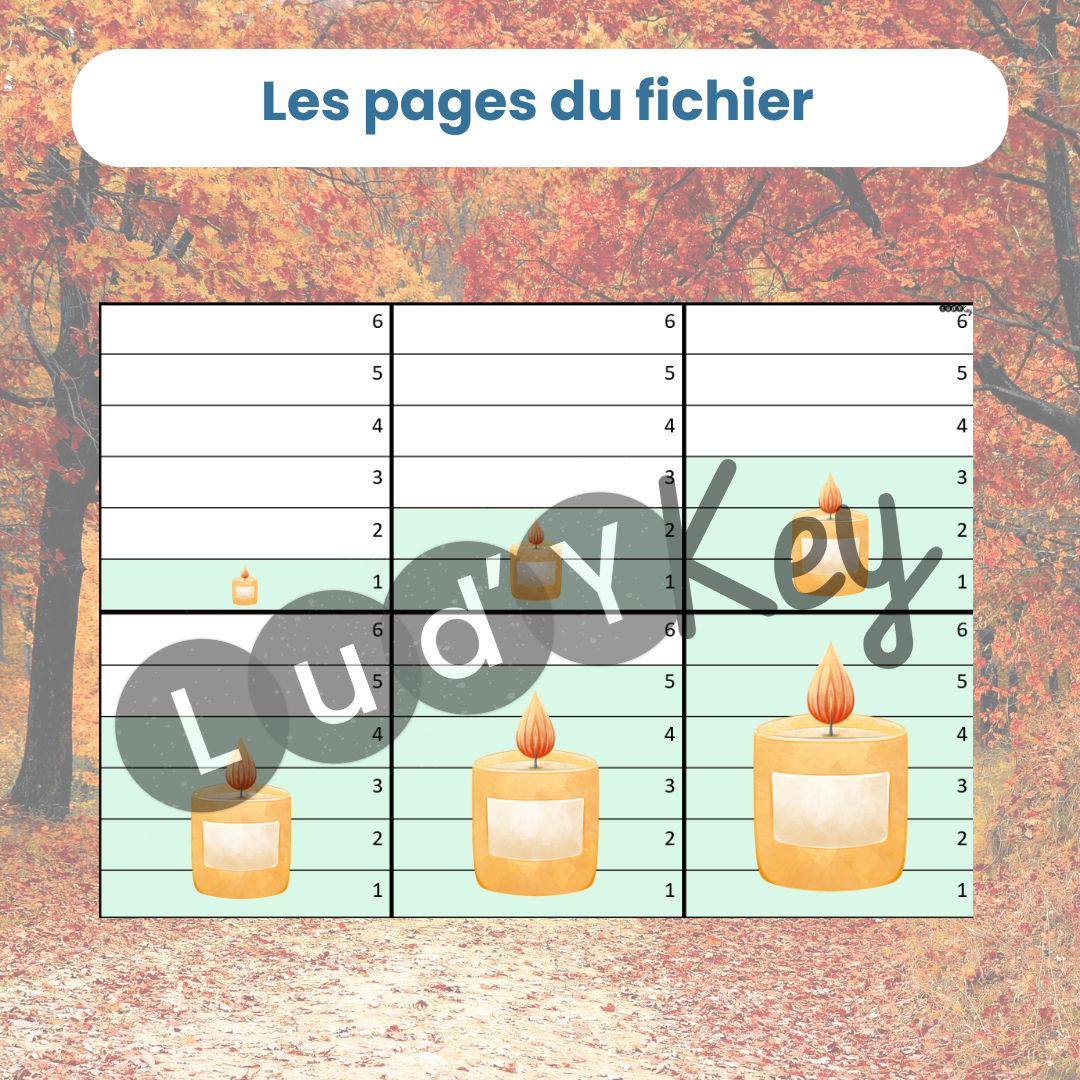Exemple de 6 cartes à découper pour le jeu de bataille par taille automne avec des bougies