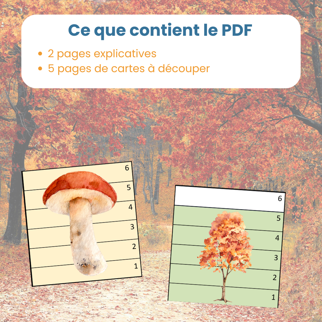 Contenu du PDF bataille par taille automne : fiches explicatives et cartes à découper