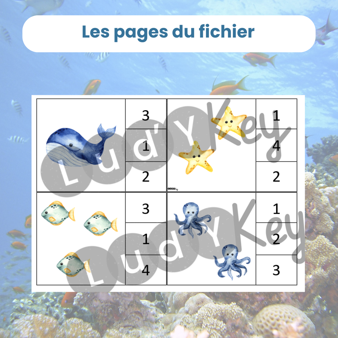 exemple de page du PDF cartes à pince dénombrement animaux marins : 4 cartes à découper avec des poissons