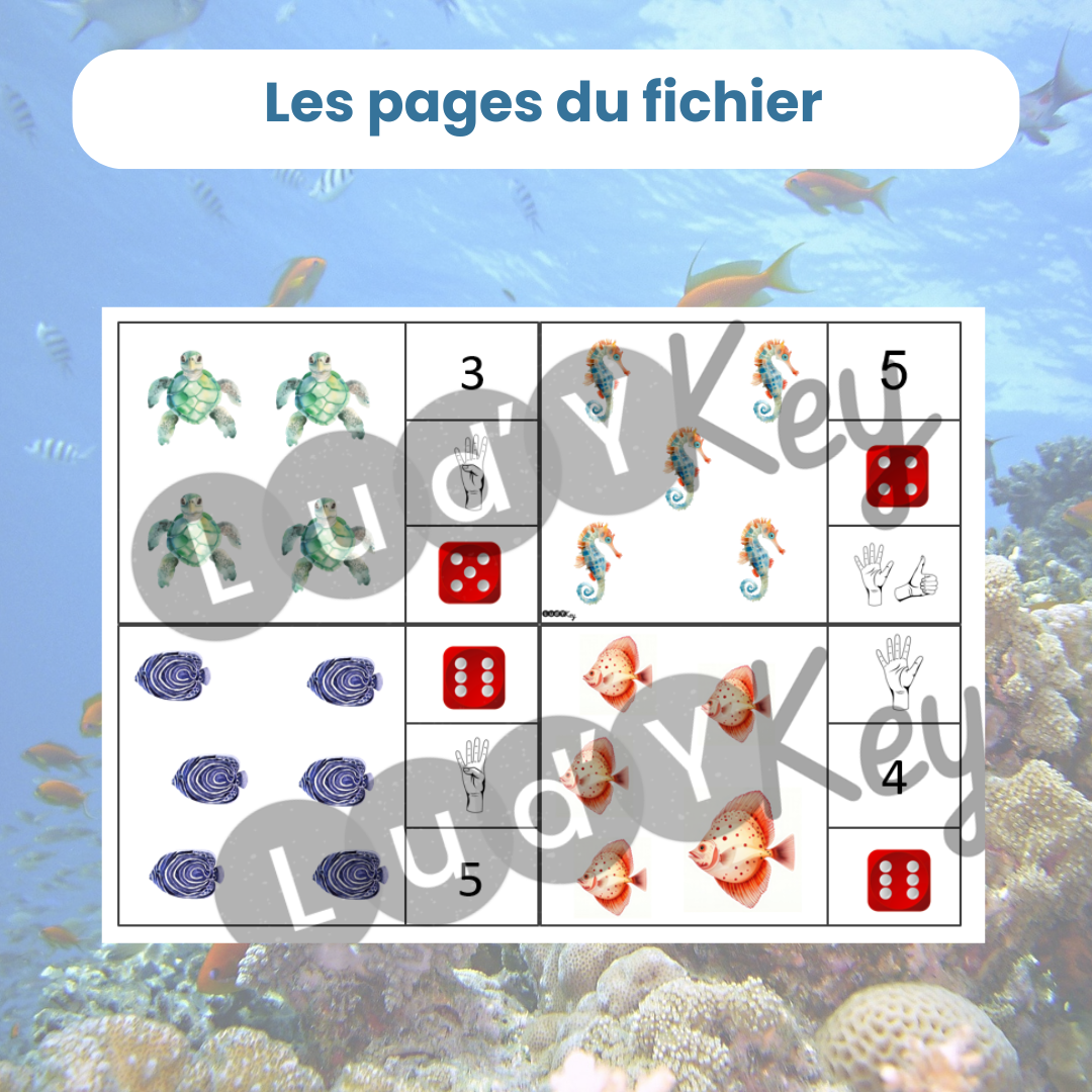 4 cartes à pince pour dénombrer les animaux marins avec constellation de dé