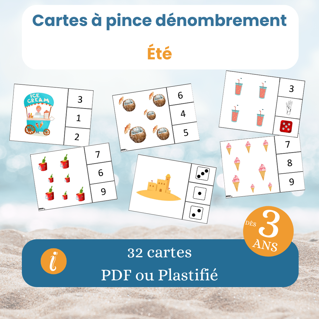 Jeu de cartes à pince dénombrement été dès 3 ans : activité mathématique en PDF à imprimer