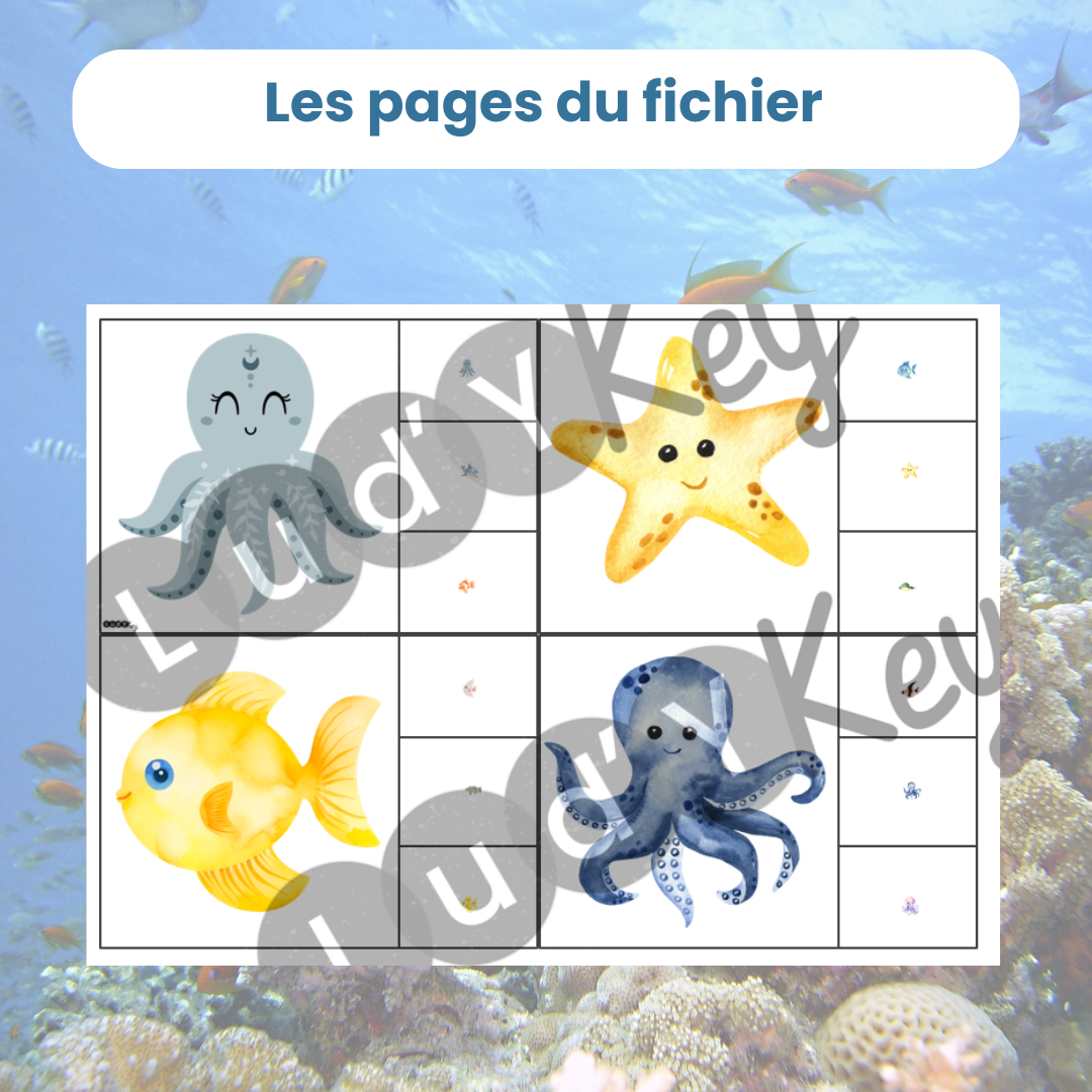 Exemple de page du PDF : 4 cartes à pince à découper avec poisson et étoile de mer