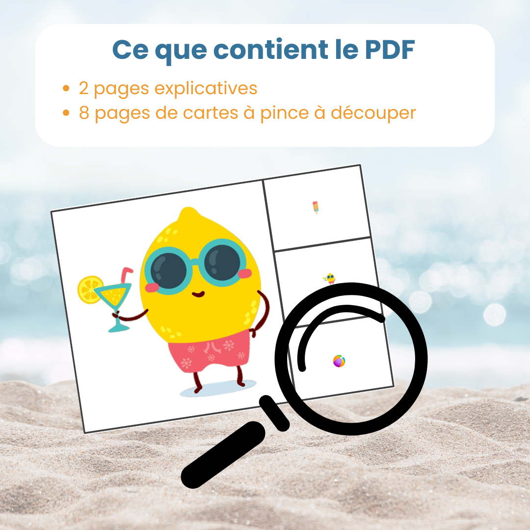 Contenu du PDF cartes à pince zoom sur l'été : fiches explicatives et cartes à découper format PDF