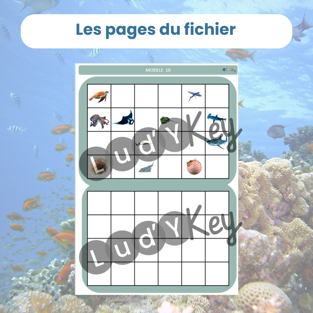 exemple de tableau à reproduire pour travailler le positionnement spatial sur le thème des animaux marins