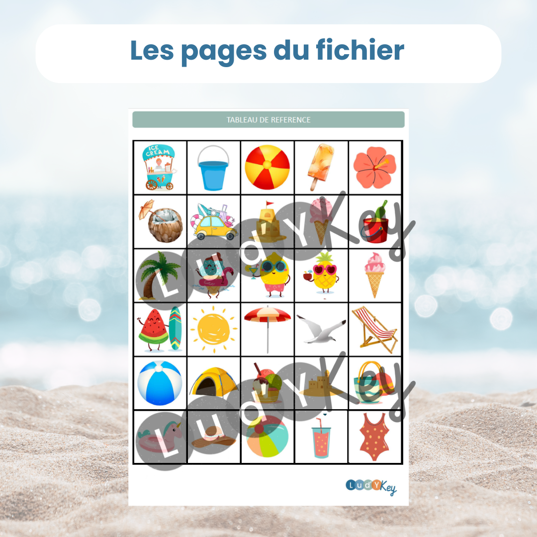 Tableaux de repérage été pour découpage et collage : jeu de logique PDF pour enfant au restaurant ou au frais