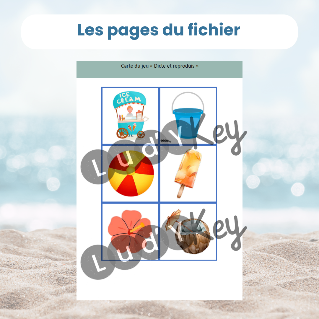 exemple de page du fichier PDF dicte et reproduis été : 6 vignettes individuelles à découper