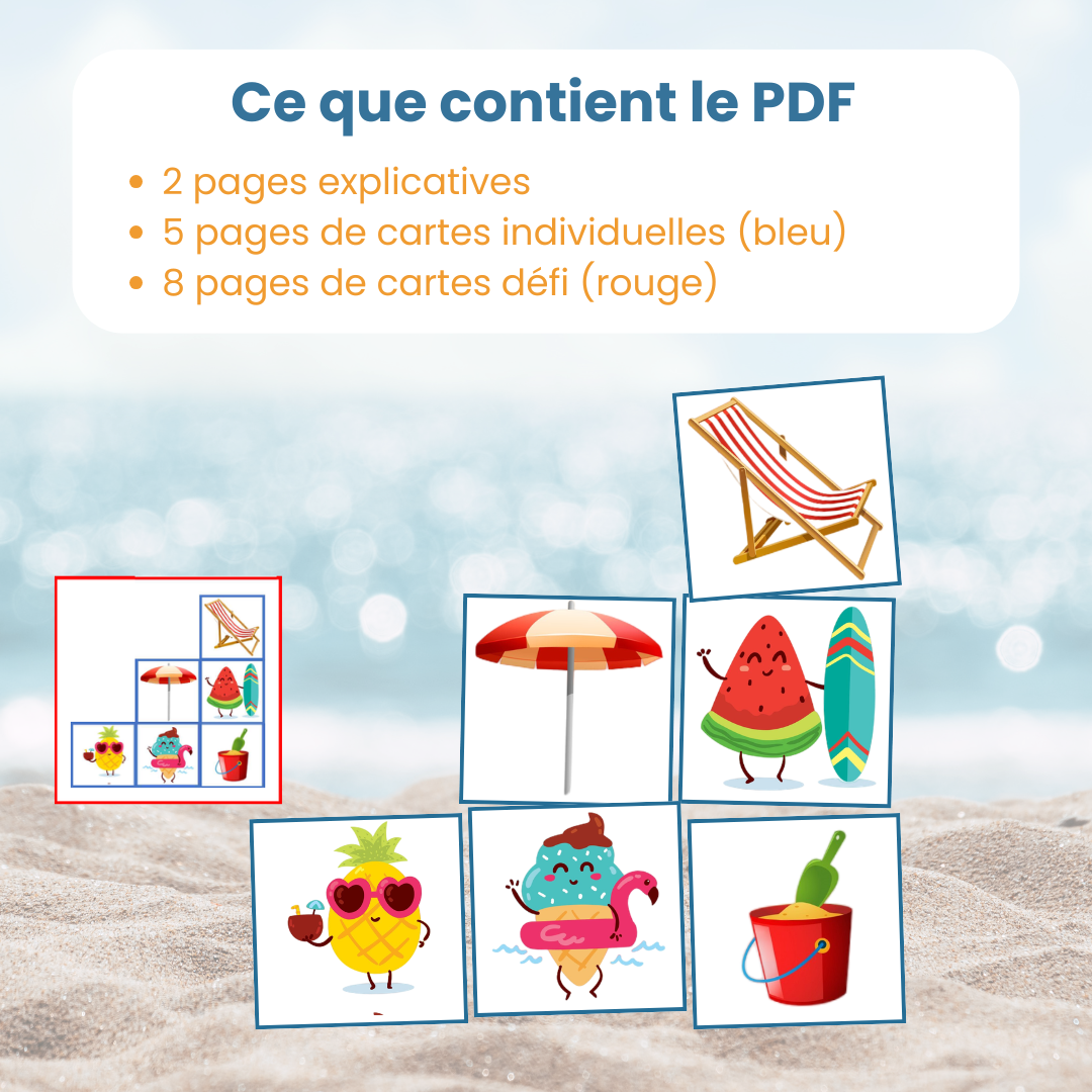 Contenu du PDF dicte et reproduis été : fiches explicatives, cartes modèles et individuelles.