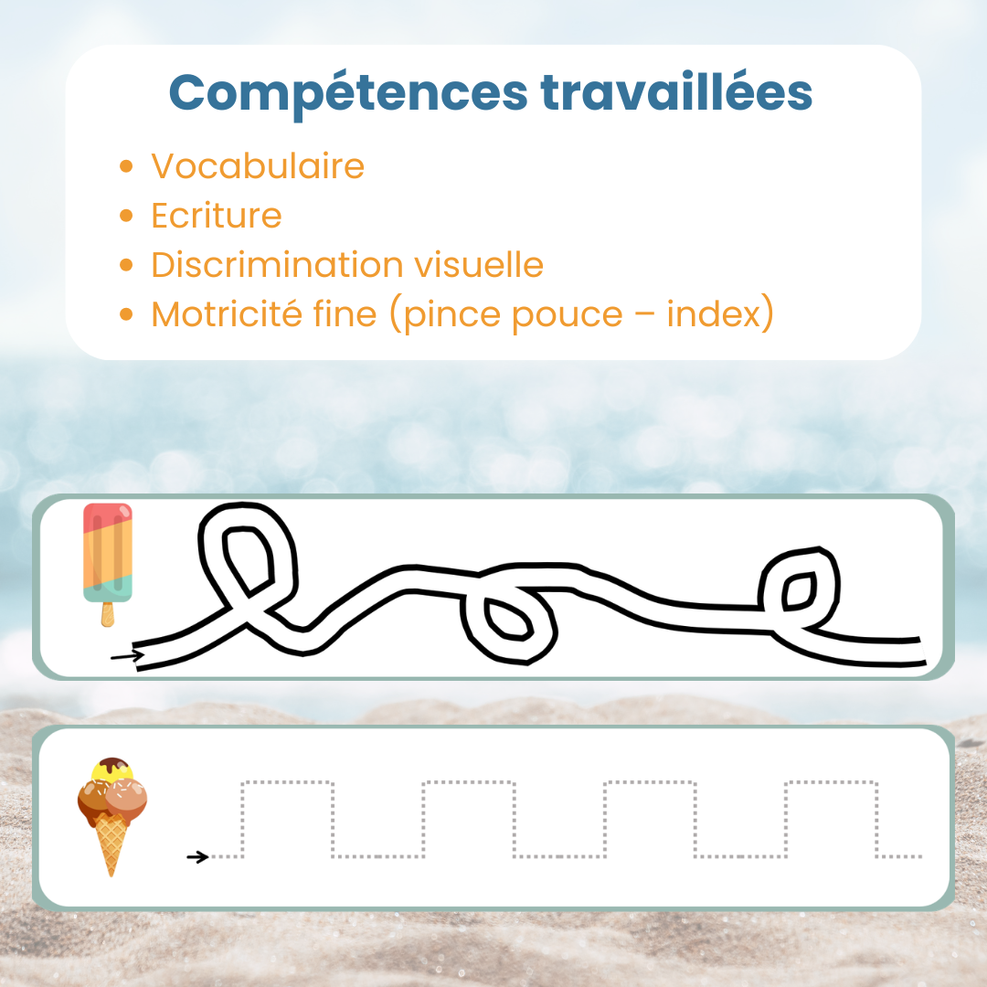 Compétences travaillées : écriture, discrimination visuelle et motricité fine avec les pistes graphiques été