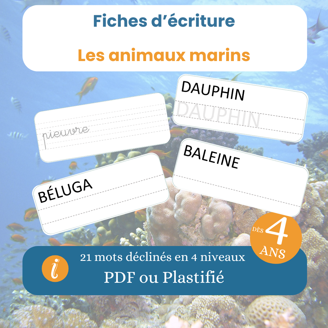 Les fiches d'écriture des animaux marins, dès 4 ans, PDF à imprimer