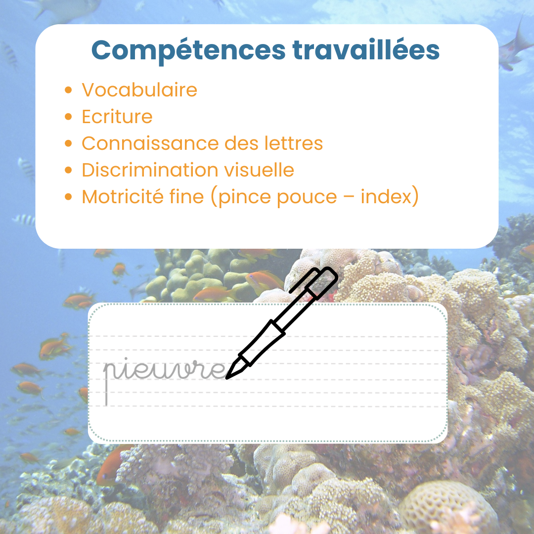 Compétencetravaillées avec les fiches d'écriture animaux marins : confiance en soi et motricité fine