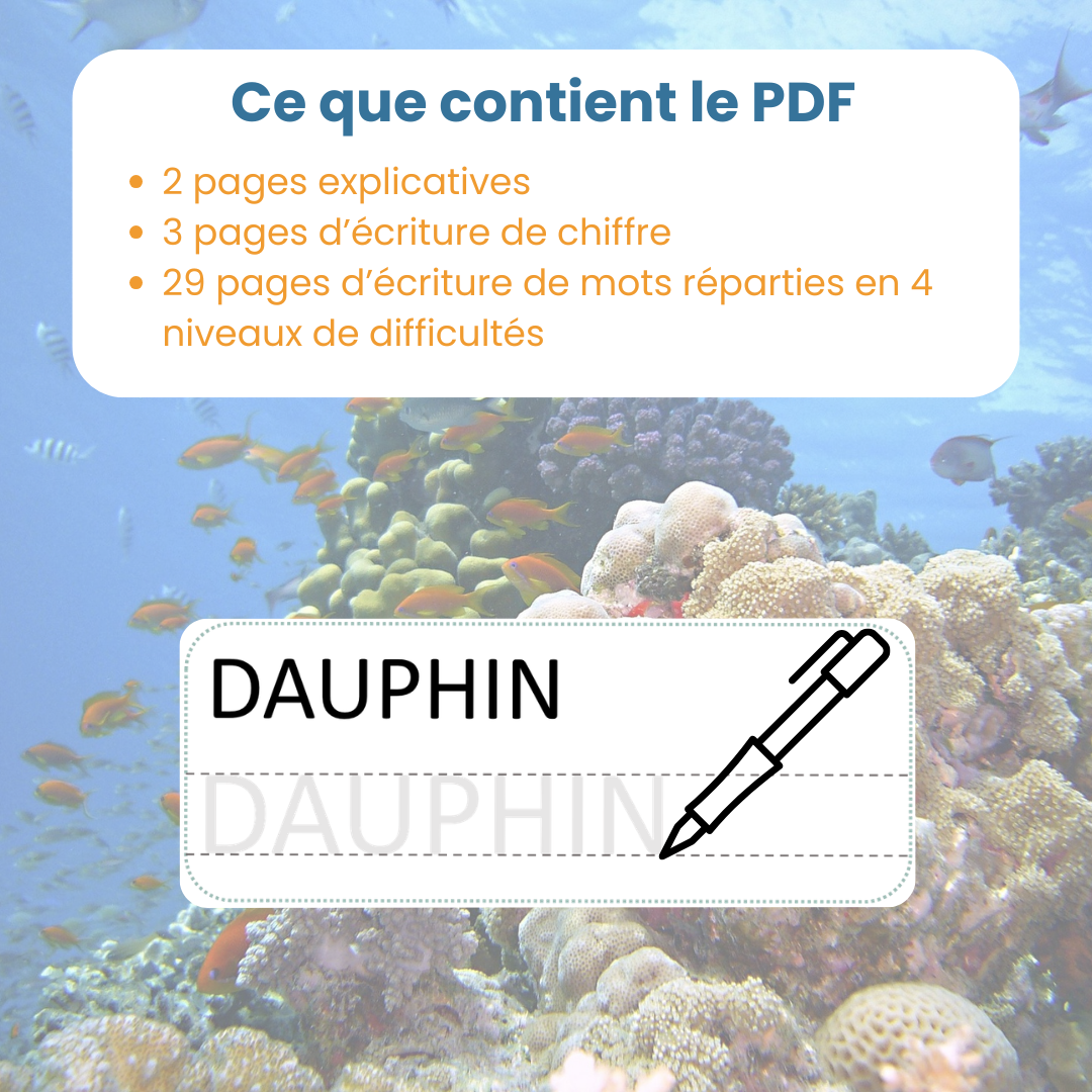 Contenu du PDF fiches d'écriture animaux marins : fiches explicatives et 32 pages de fiches d'écriture