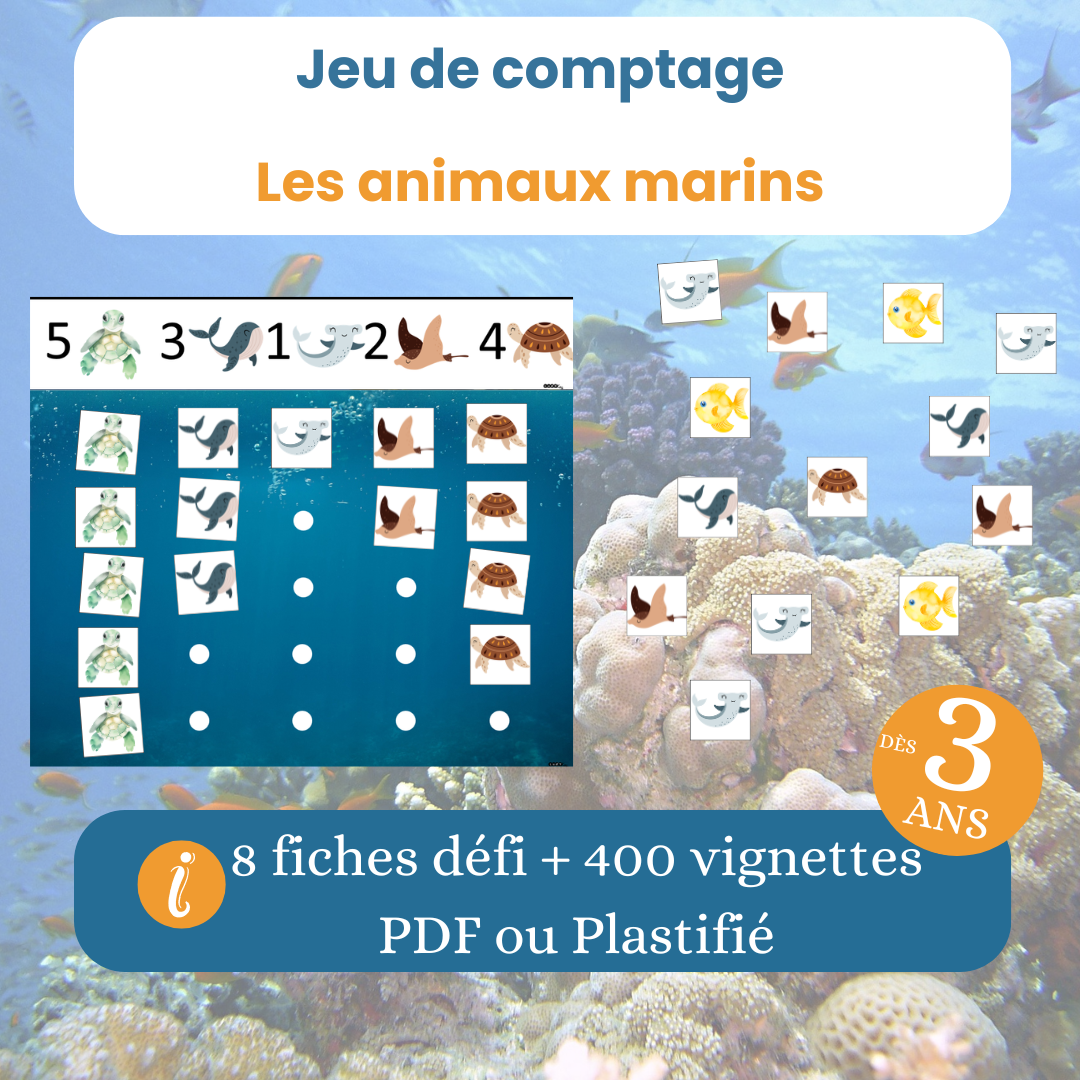 Jeu de comptage sur les animaux marins, dès 3 ans, PDF à imprimer