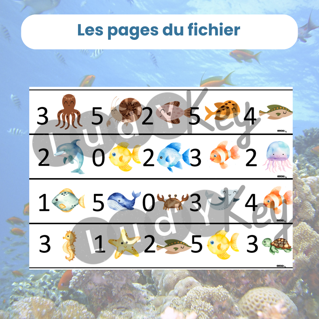 4 fiches de défis pour le jeu de comptage animaux marins