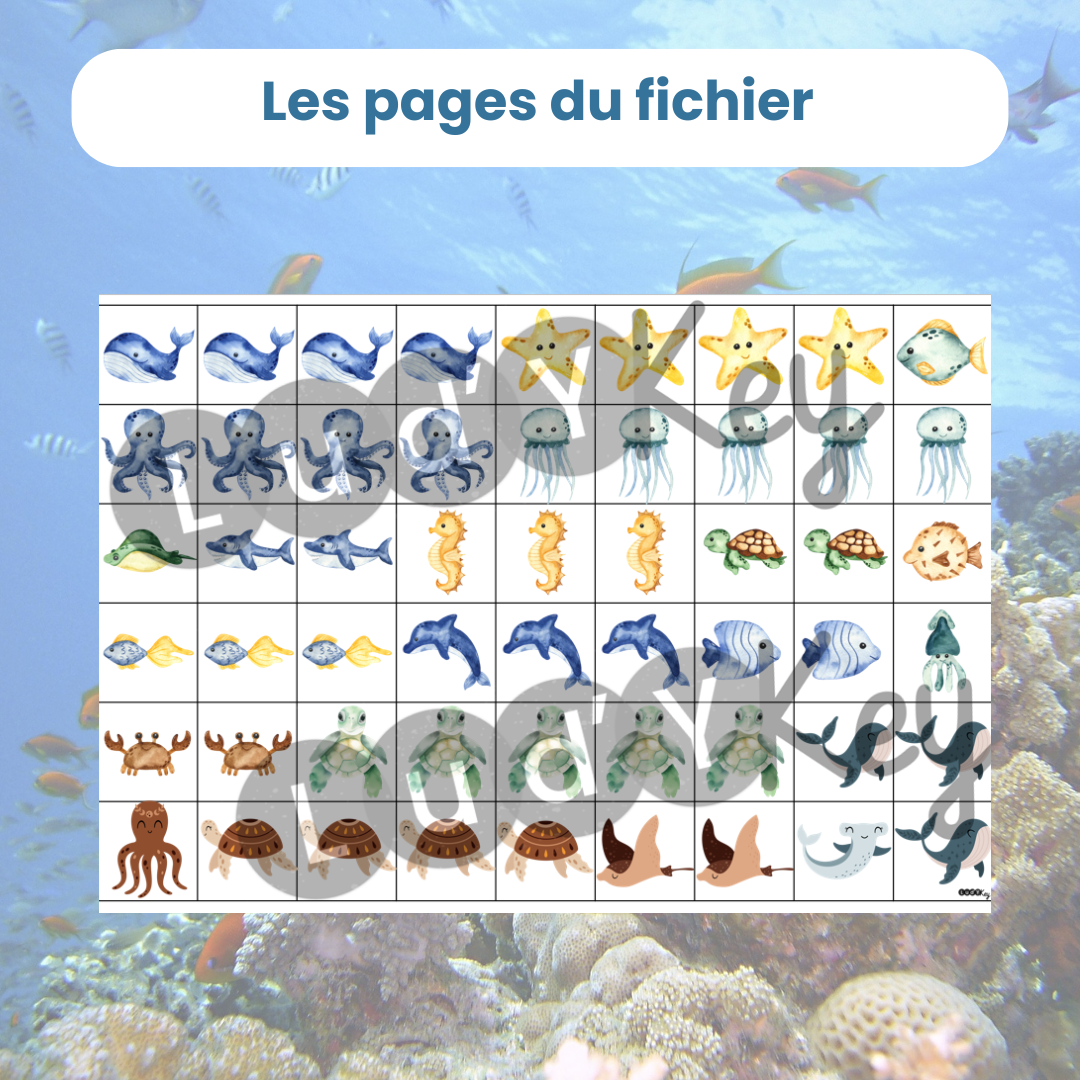 Une planche de vignettes à découper pour le jeu PDF de comptage animaux marins