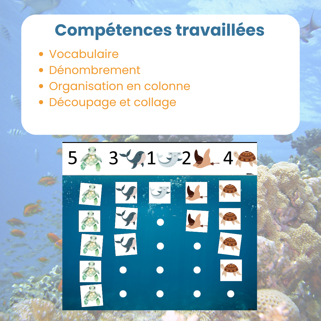 Compétences travaillées pour le jeu de comptage animaux marins : dénombrement et organisation en colonne