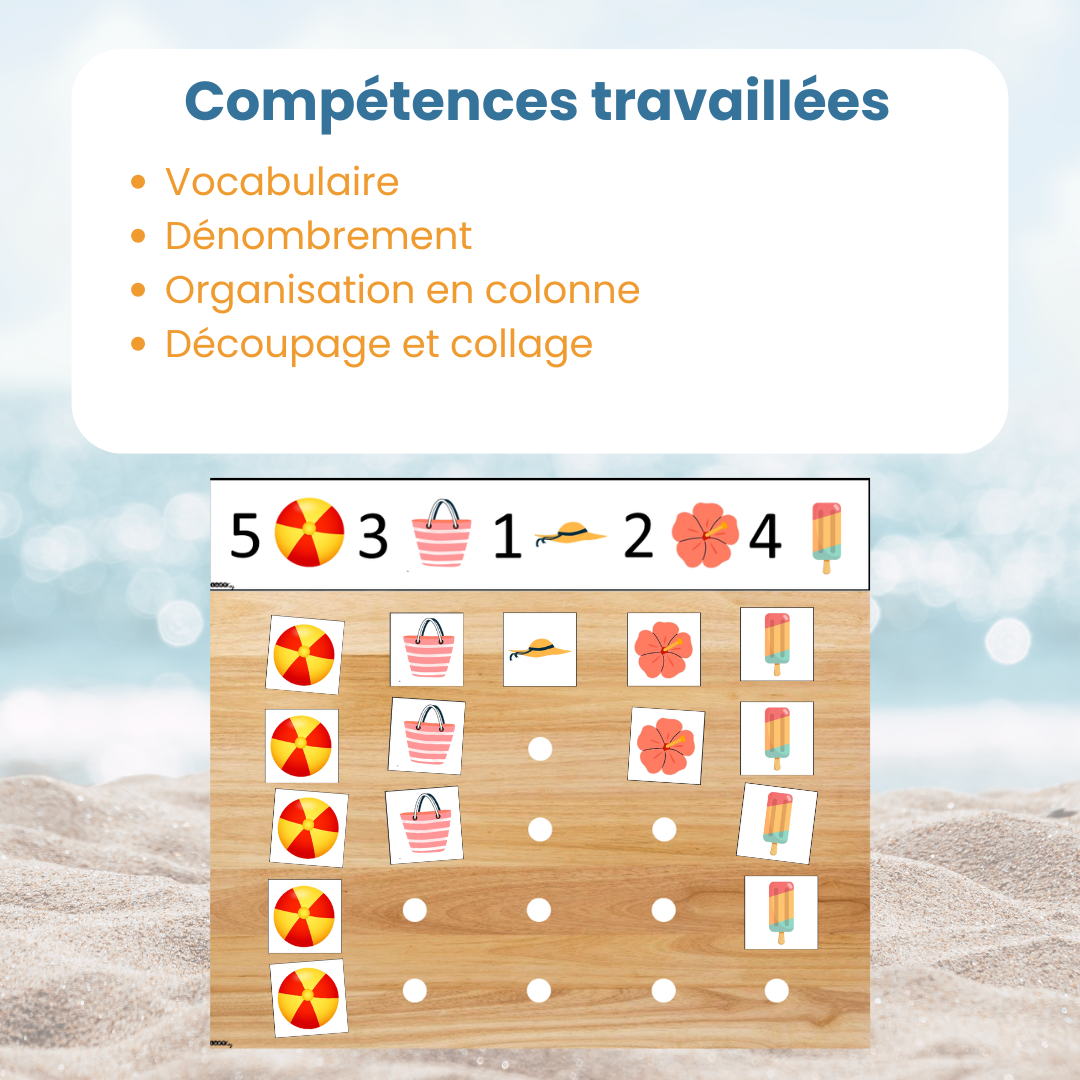 Compétences travaillées avec le PDF jeu de comptage de l'été : dénombrement et organisation en colonne