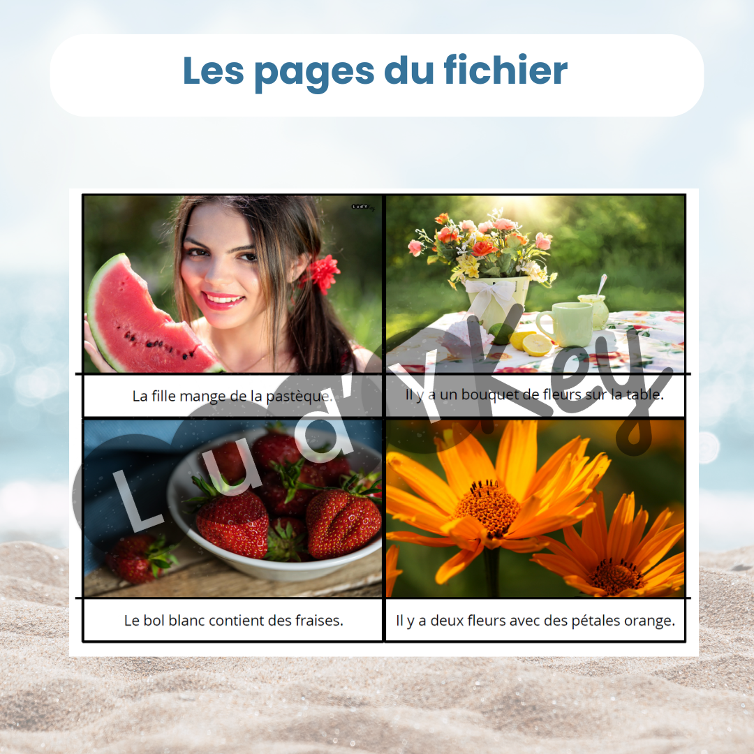 exemple de page du fichier PDF jeu de lecture été : 4 images et 4 billets de lecture pour la mise en paire
