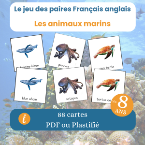 jeu des paires Français anglais sur les animaux marins, PDF à imprimer