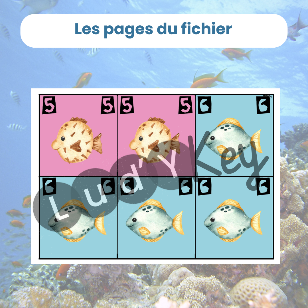 Exemple de page du PDF : cartes poissons à découper pour jeu de logique animaux marins
