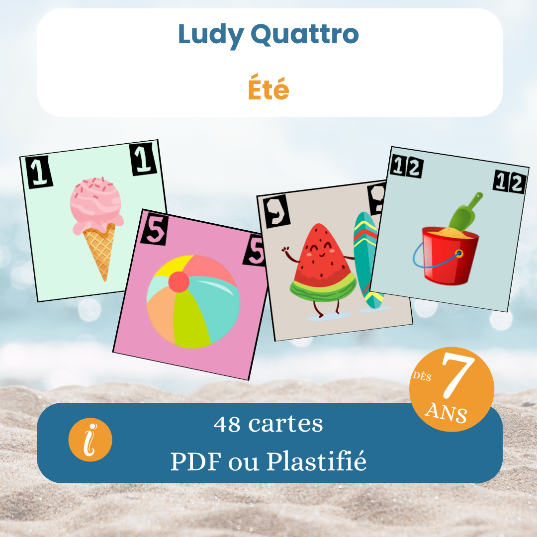 Le jeu ludy quattro de l'été, dès 7 ans, un jeu de société pour des moments en famille, PDF à imprimer
