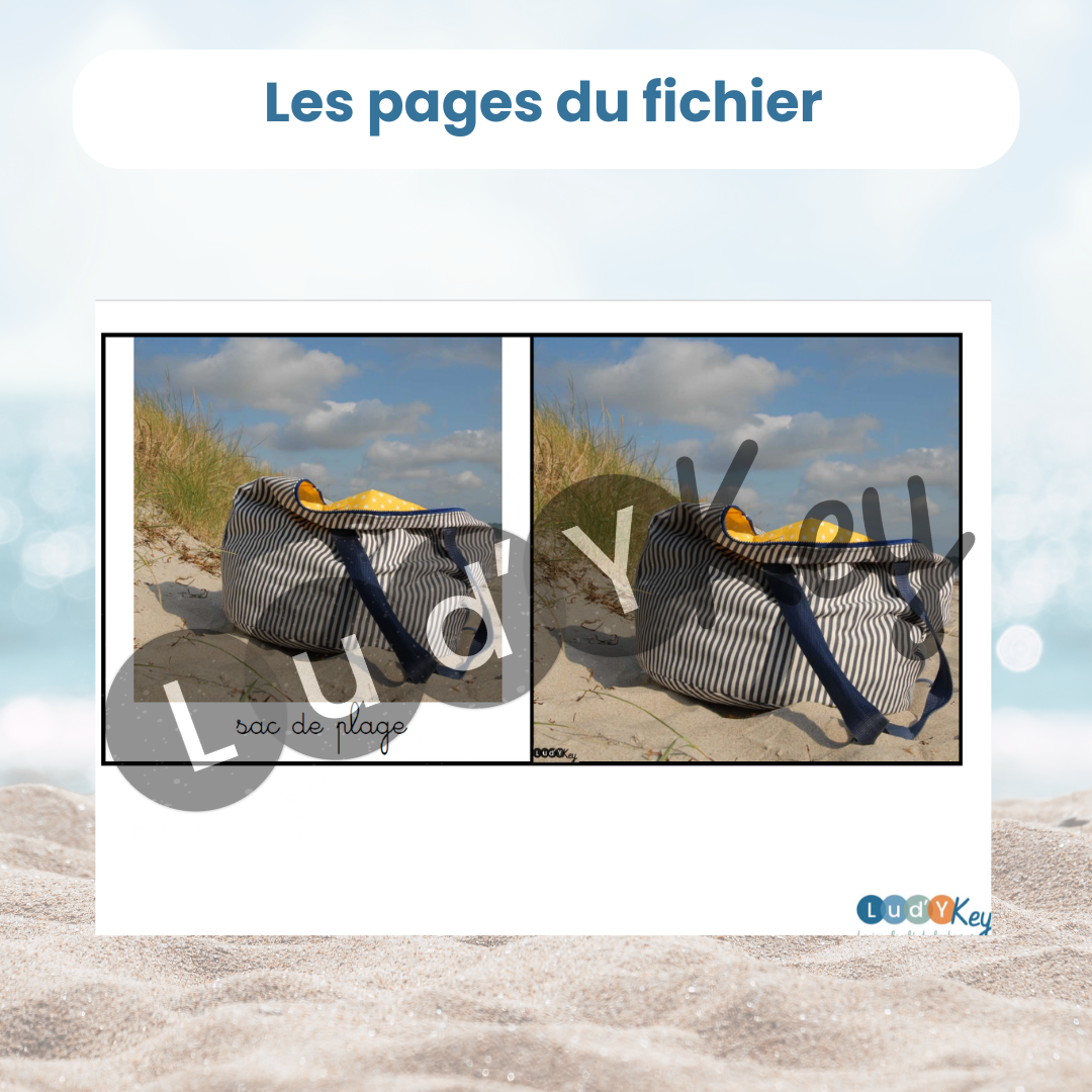 le sac de plage comme mot de vocabulaire sur le thème de l'été à découvrir avec le PDF cartes de nomenclature Montessori