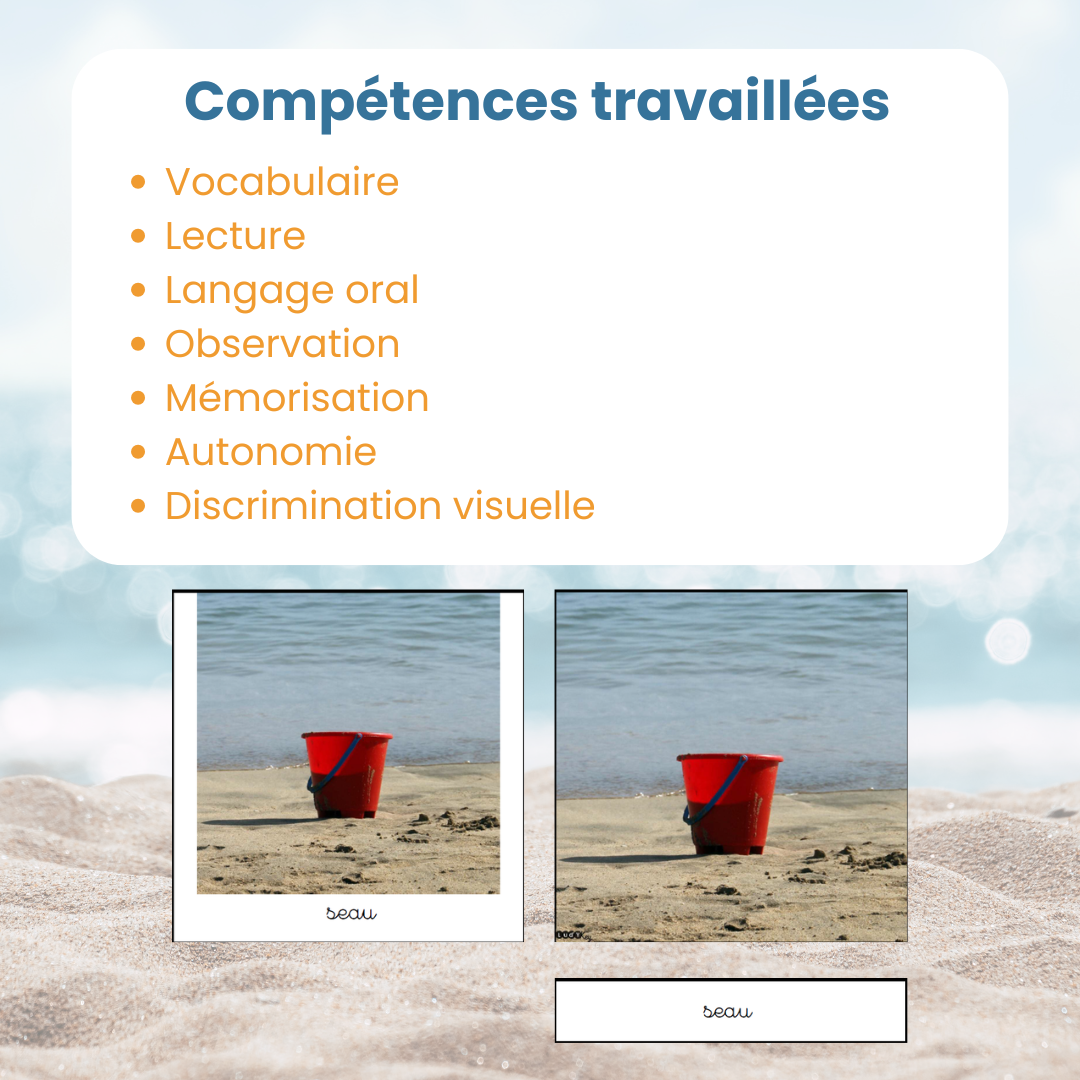 Compétences travaillées avec les cartes de nomenclature Montessori été : vocabulaire, lecture et observation