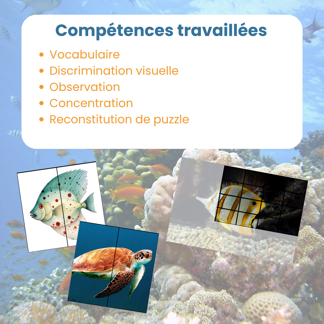 Compétence travaillées avec les 105 puzzles animaux marins : discrimination visuelle, observation et concentration