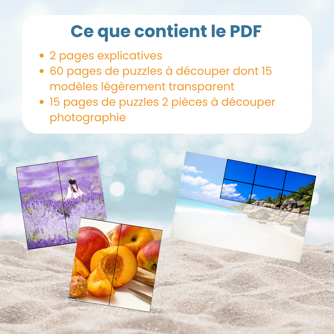 Contenu du PDF puzzles de l'été : fiches explicatives, puzzles 2 pièces et puzzles grand format