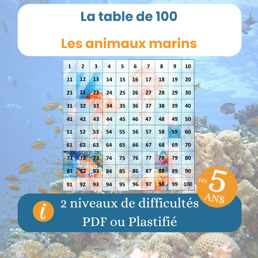 Table de 100 animaux marins – Puzzle éducatif
