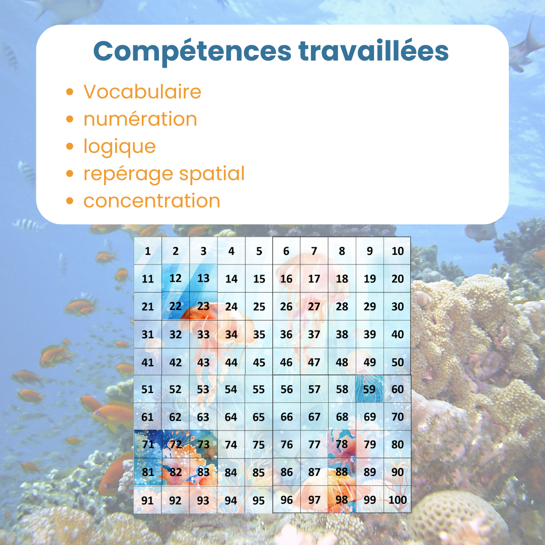 Compétences travaillées avec le PDF table de 100 animaux marins : numération, logique et repérage spatial