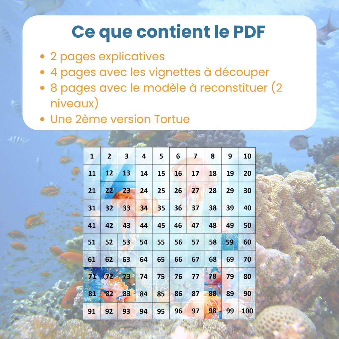 Contenu du PDF table de 100 animaux marins : fiches explicatives, puzzle méduse et puzzle tortue à découper