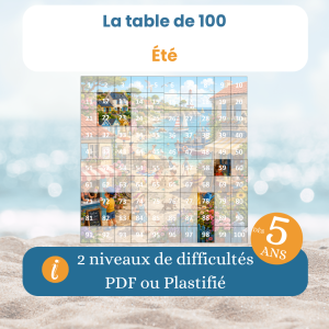 Table de 100 de l'été dès 5 ans : jeu mathématiques enfant PDF à imprimer