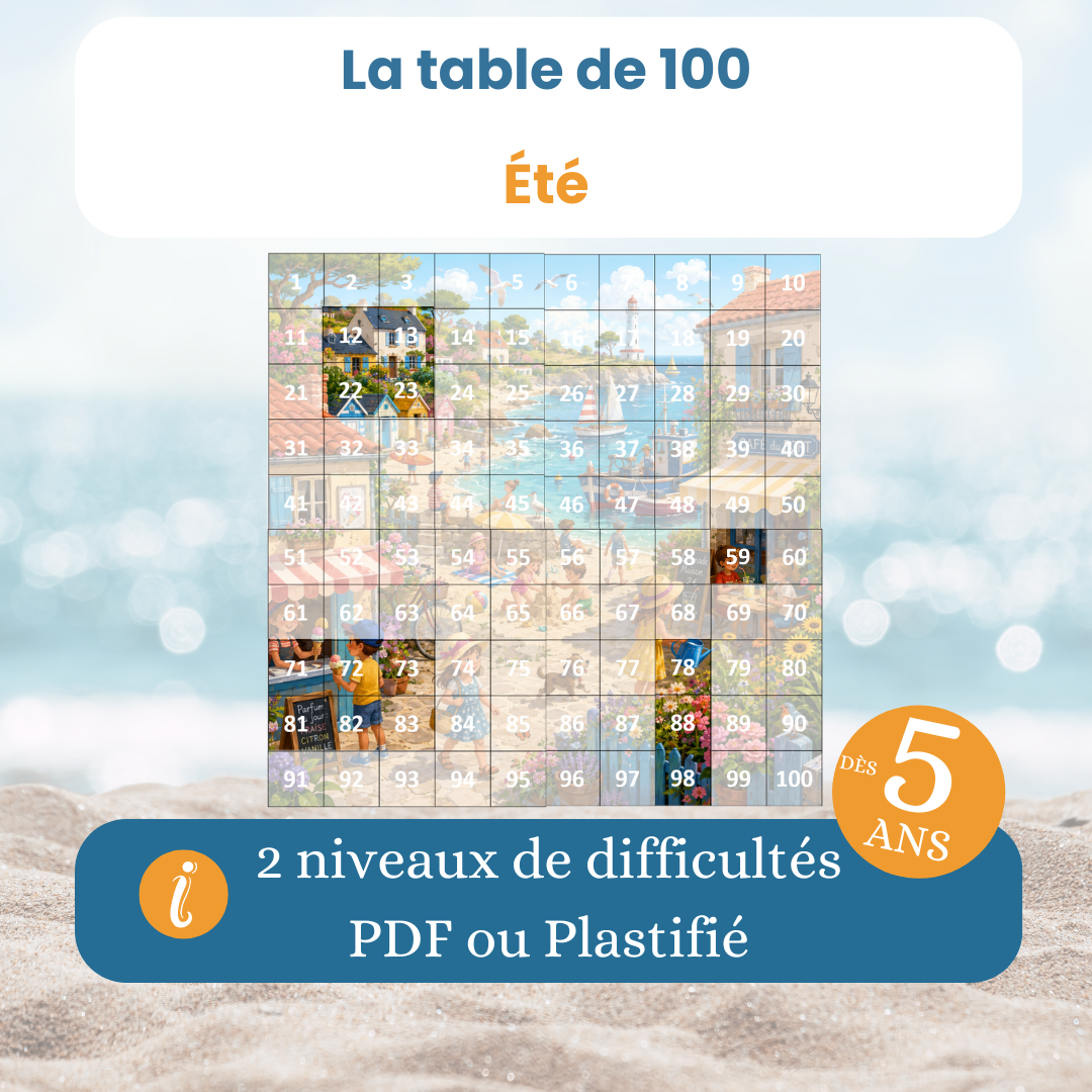 Table de 100 de l'été dès 5 ans : jeu mathématiques enfant PDF à imprimer