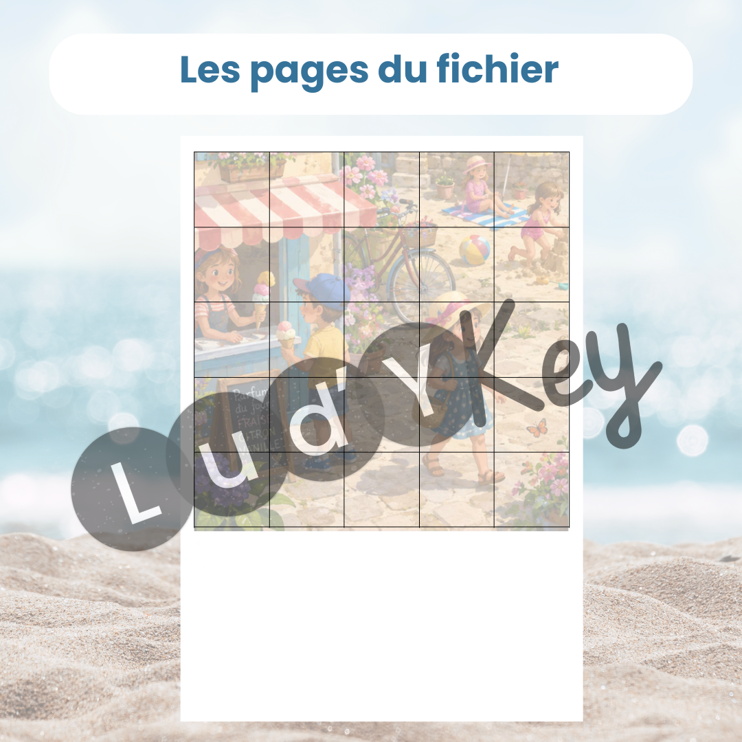 Exemple de page du fichier : modèle du puzzle table de 100 été sans les chiffres à reconstituer