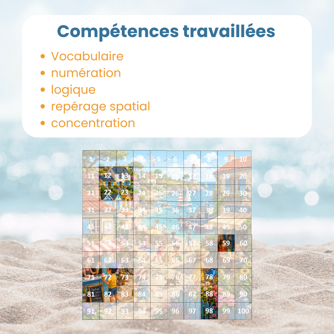 Compétences travaillées : vocabulaire, numération et repérage spatial avec la table de 100 été